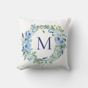 Monogram Blue Grönt Blommigt Botaniskt vattenbruk Kudde