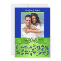 Monogram Blue, Grönt Blommigt PHOTO-bröllopsinbjud