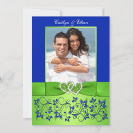 Monogram Blue, Grönt Blommigt PHOTO-bröllopsinbjud Inbjudningar