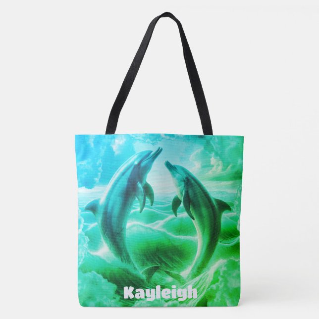 Monogram Blue & Grönt Dolphins Ocean | Tygkasse (Framsida)