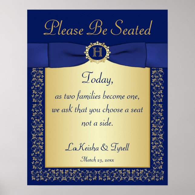 Monogram Blue, Guld Blommigt Bröllop-tecken för ky Poster (Framsidan)