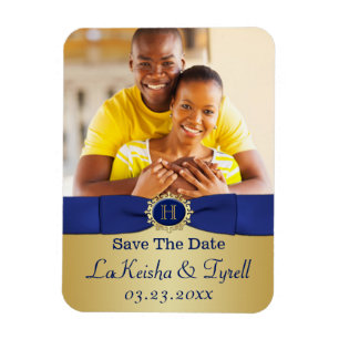 Monogram Blue, Guld Spara datumfoto Magnet