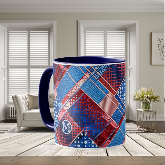 Monogram Blue Jeans Patchwork Mönster Mugg (Mug featuring your monogram (optional) on a blue jeans based patterned patchwork or quilting design)