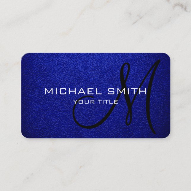 Monogram Blue Leather-utseende Visitkort (Framsida)