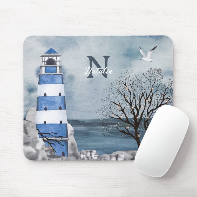 Monogram Blue Lighthouse Watercolor Art Musmatta (Med mus)