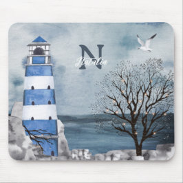 Monogram Blue Lighthouse Watercolor Art Musmatta