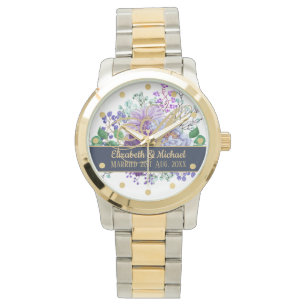 Monogram Blue Lila Blommigt Guld Newlyweds Bröllop Armbandsur