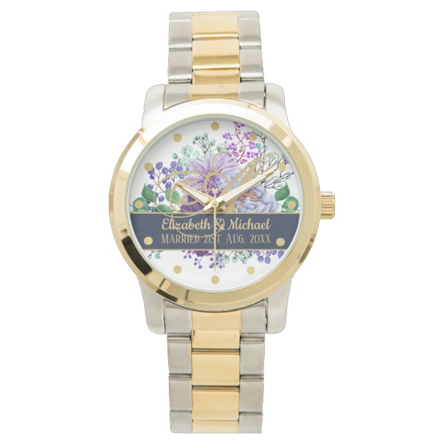 Monogram Blue Lila Blommigt Guld Newlyweds Bröllop Armbandsur (Framsida)