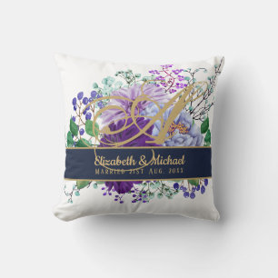 Monogram Blue Lila Blommigt Guld Newlyweds Bröllop Kudde