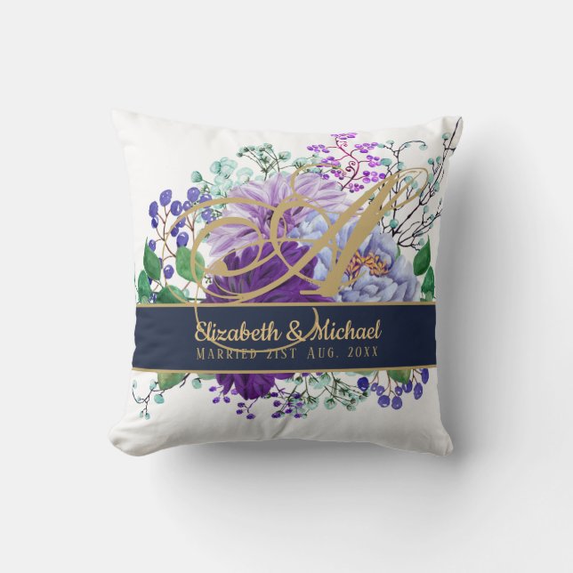 Monogram Blue Lila Blommigt Guld Newlyweds Bröllop Kudde (Framsida)