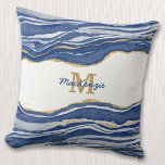 Monogram Blue Marble Agate Guld Glitter Kudde<br><div class="desc">Den indigo blå vattenfärgen gör marmorutformningen med faux guld-detaljer. Ändra namn och monogrammet till en början för att anpassa sig.</div>
