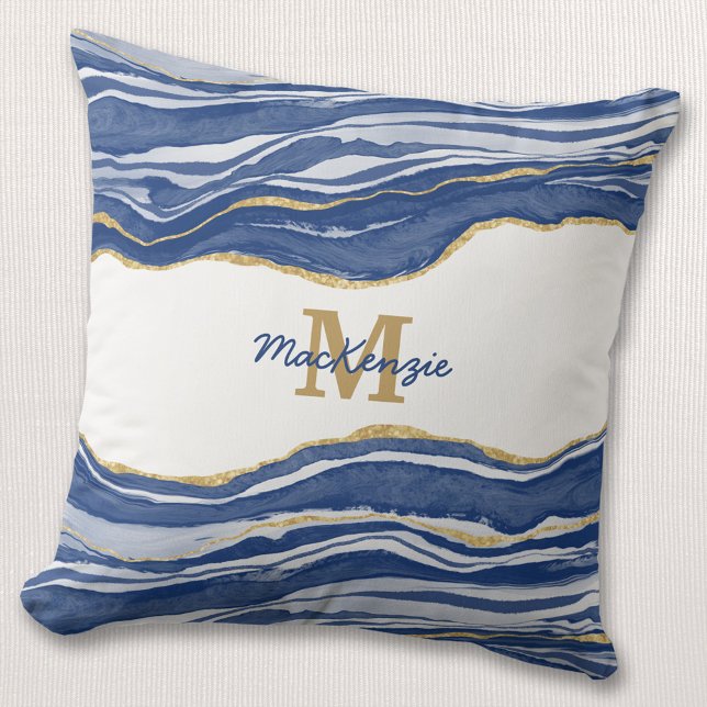 Monogram Blue Marble Agate Guld Glitter Kudde (Skapare uppladdad)