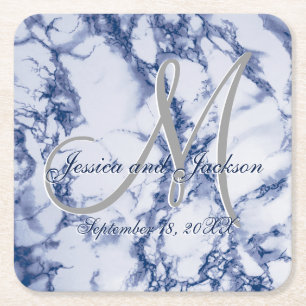 Monogram Blue Marble Design Underlägg Papper Kvadrat