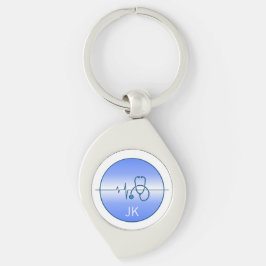 Monogram Blue Medical Stethoscope Heartslag Swirl Silverfärgad Nyckelring