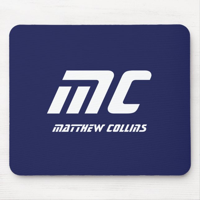 Monogram Blue Modern Minimalist Namn White Simple Musmatta (Framsidan)