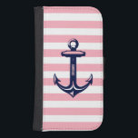 Monogram Blue Nautical Anchor Pastel Rosa Rand Samsung S4 Plånboksfodral<br><div class="desc">Elegantens utformning med blå och vit sjöbåtankare med rosa av pastellerna och vit rand bakgrund. Valfritt monogram.</div>