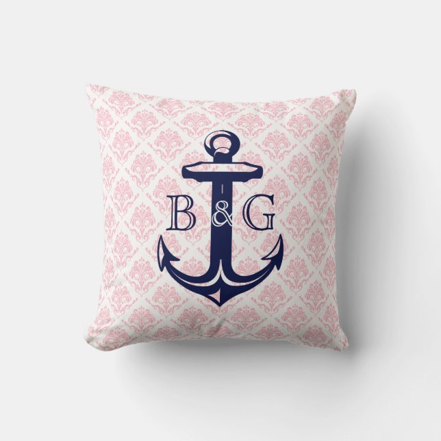Monogram Blue Nautical Anchor & Rosa Damasks Kudde (Framsida)