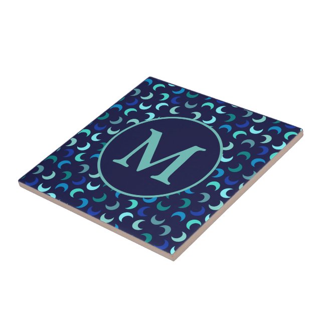 Monogram Blue New Måne Mönster Kakelplatta (Sidan)