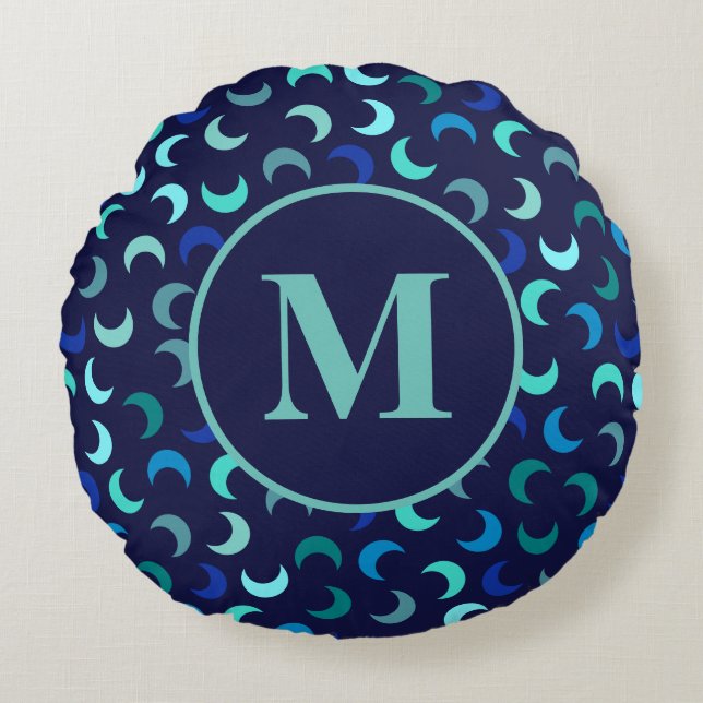 Monogram Blue New Måne Mönster Rund Kudde (Framsidan)