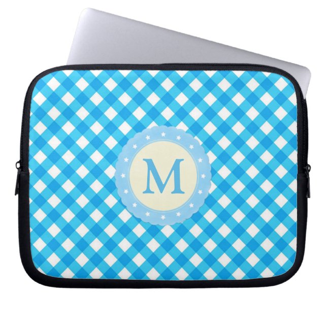 Monogram Blue och White Gingham Mönster Laptop Fodral (Framsidan)