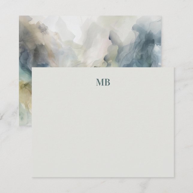 Monogram Blue Oliv grönt Abstrakt Bläck Anteckningskort (Fram/baksida)