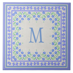 Monogram Blue Periwinkles Blommigt Gräns Faux Line Kakelplatta