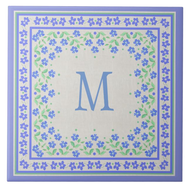 Monogram Blue Periwinkles Blommigt Gräns Faux Line Kakelplatta (Framsidan)
