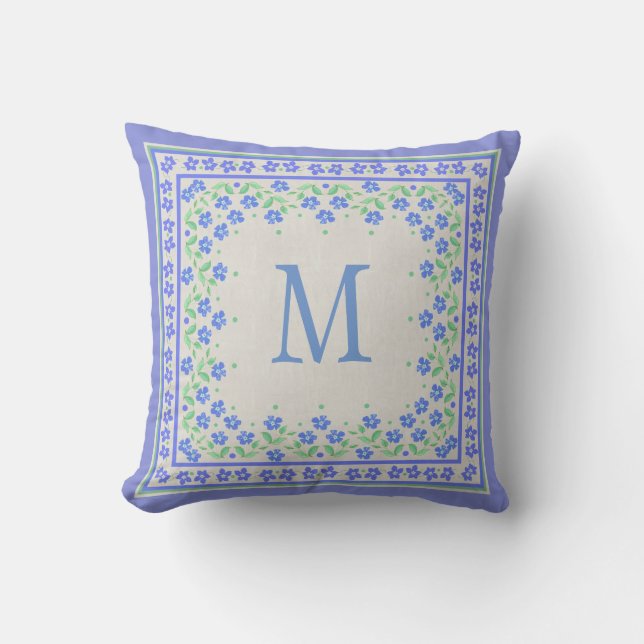 Monogram Blue Periwinkles Blommigt Gräns Faux Line Kudde (Framsida)