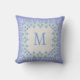 Monogram Blue Periwinkles Blommigt Gräns Faux Line Kudde