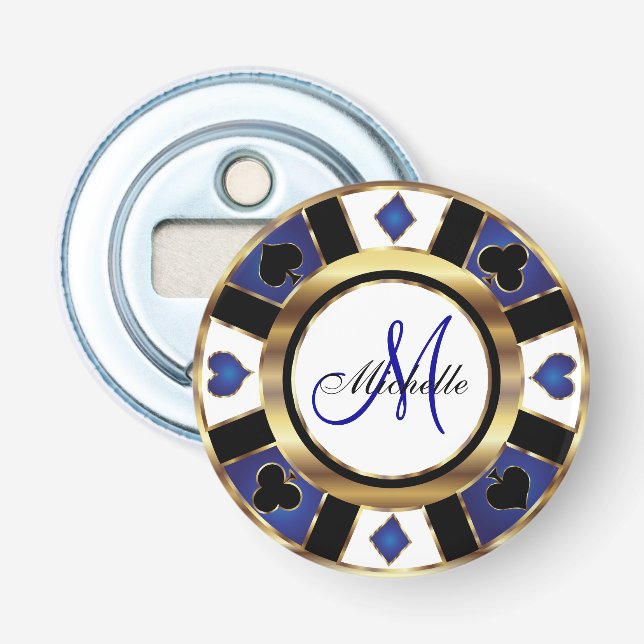 Monogram Blue Poker Chip Design Flasköppnare (Framsidan)