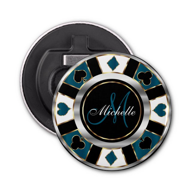 Monogram Blue Poker Chip Flasköppnare (Framsidan)