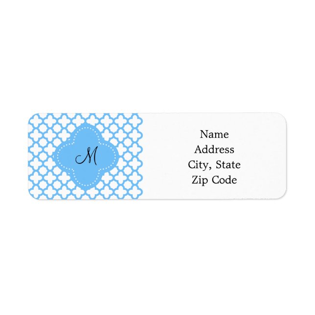Monogram Blue Quatrefoil Mönster Returadress Etikett (Framsidan)