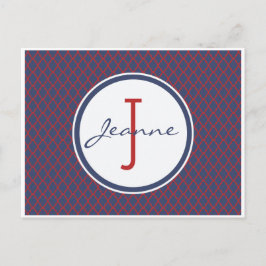 Monogram Blue & Red Quatrefoil Trellis Mönster Vykort