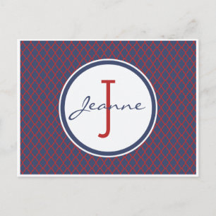 Monogram Blue & Red Quatrefoil Trellis Mönster Vykort