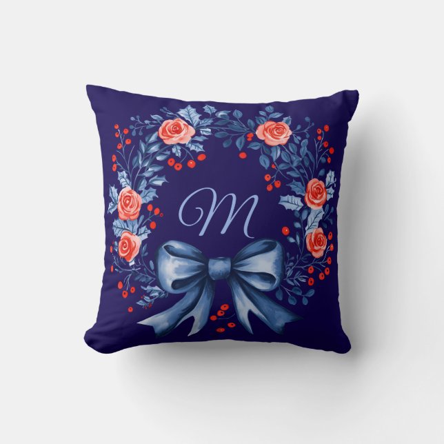 Monogram Blue Röd ros jul Kudde (Framsida)