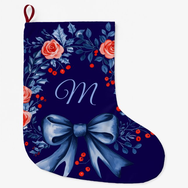 Monogram Blue Röd ros jul Stor Julstrumpa (Framsidan)