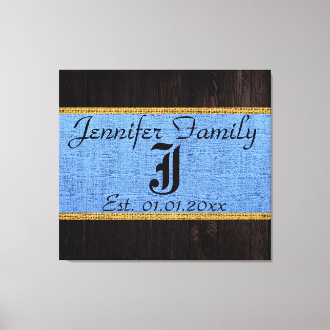 Monogram Blue Rustic Burlap Linen Wood-utseende Canvastryck (Framsida)