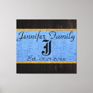 Monogram Blue Rustic Burlap Linen Wood-utseende Canvastryck