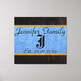 Monogram Blue Rustic Burlap Linen Wood-utseende Canvastryck