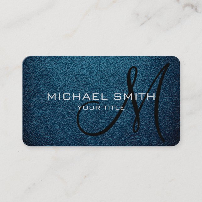 Monogram Blue Sapphire Leather-utseende Visitkort (Framsida)