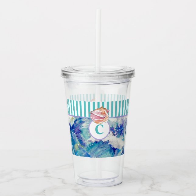 Monogram Blue Sea Abstrakt Seashell Rand Take Away Mugg (Framsida)