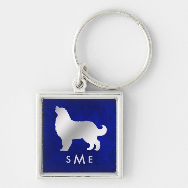 Monogram Blue Silver Bernese Mountain Hund Fyrkantig Silverfärgad Nyckelring (Framsidan)