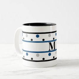 Monogram Blue Silver Black Polka dots Två-Tonad Mugg
