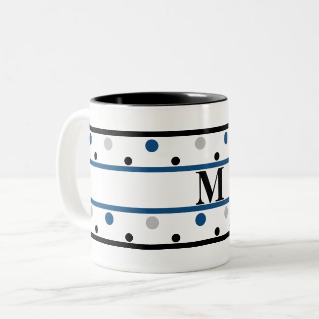 Monogram Blue Silver Black Polka dots Två-Tonad Mugg (Framsida vänster)