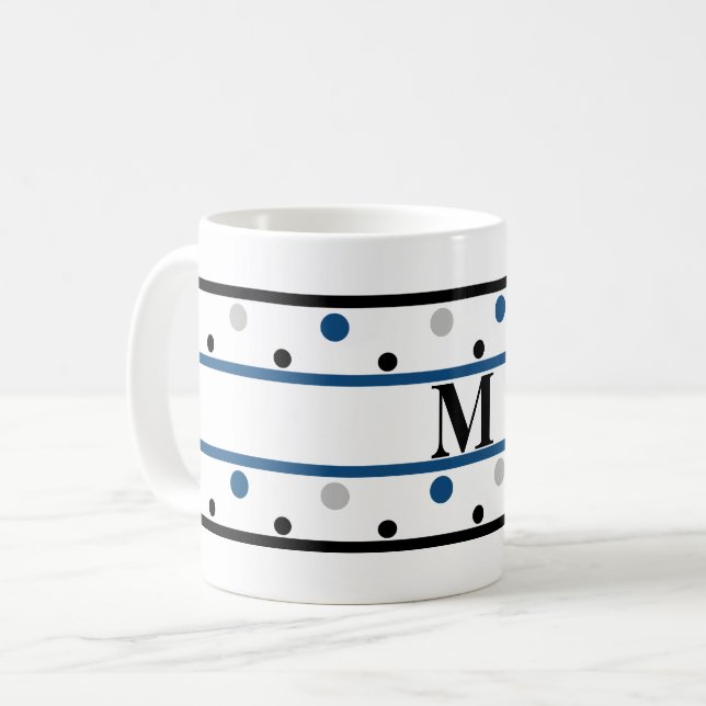 Monogram Blue Silver Black Polka dots Två-Tonad Mugg (Framsida vänster)