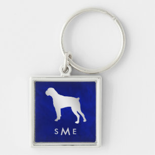 Monogram Blue Silver Boxer Hund Fyrkantig Silverfärgad Nyckelring