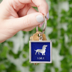 Monogram Blue Silver Dachshund Fyrkantig Silverfärgad Nyckelring