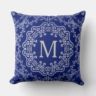 Monogram Blue & Silver Filigree Motif Dekorativ ku Kudde