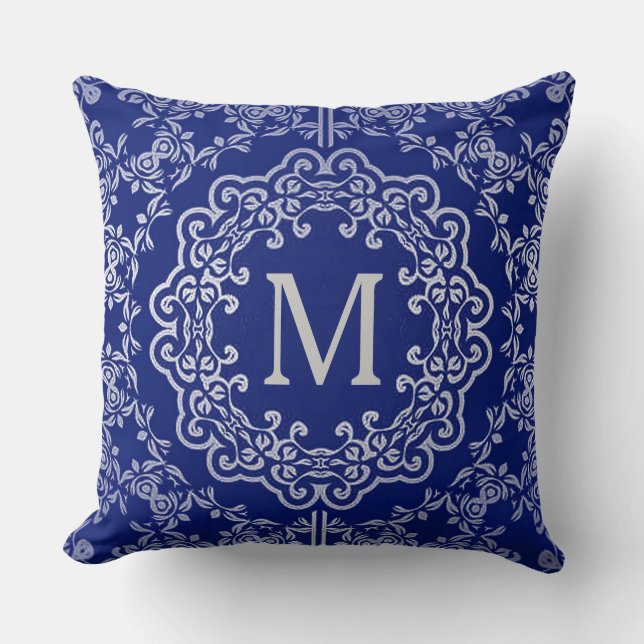 Monogram Blue & Silver Filigree Motif Dekorativ ku Kudde (Framsida)