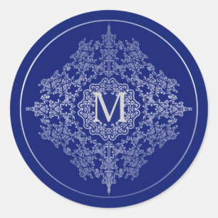 Monogram Blue & Silver Filigree Motif Stickers Runt Klistermärke